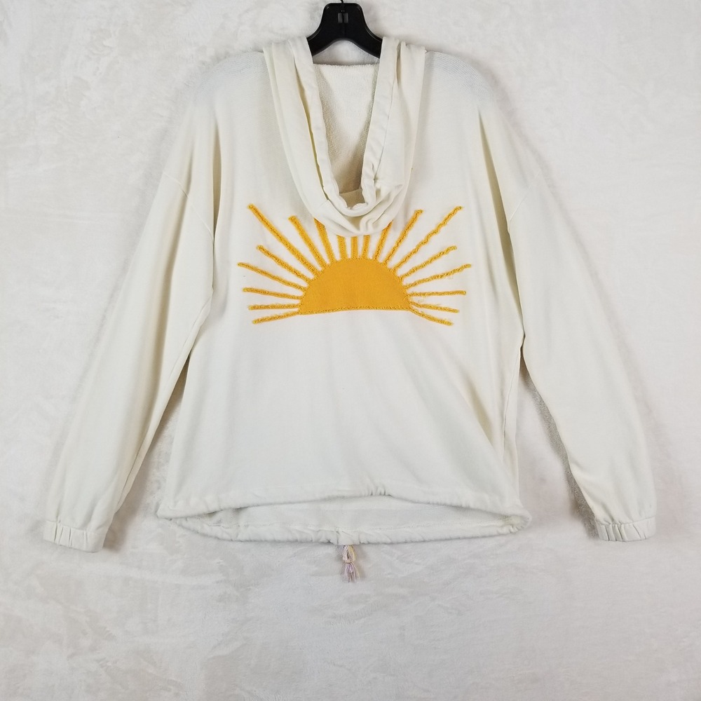 Faherty Suncrest Hoodie Women Medium White Yellow Striped Sunburst Graphic Snap - Picture 3 of 8